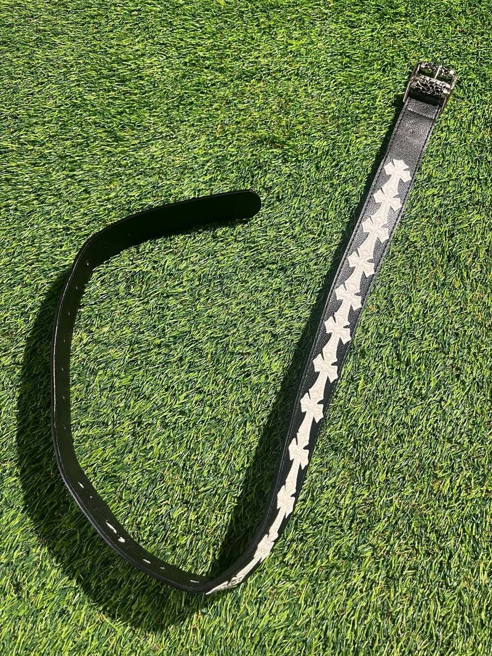 Cross Leather Belt Black Silver Hardware